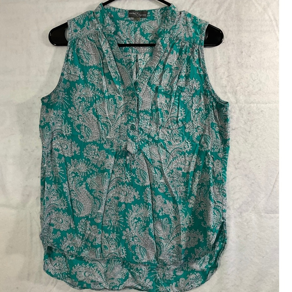Market & Spruce Blouse Women Small Teal Paisley Sleeveless Boho Top